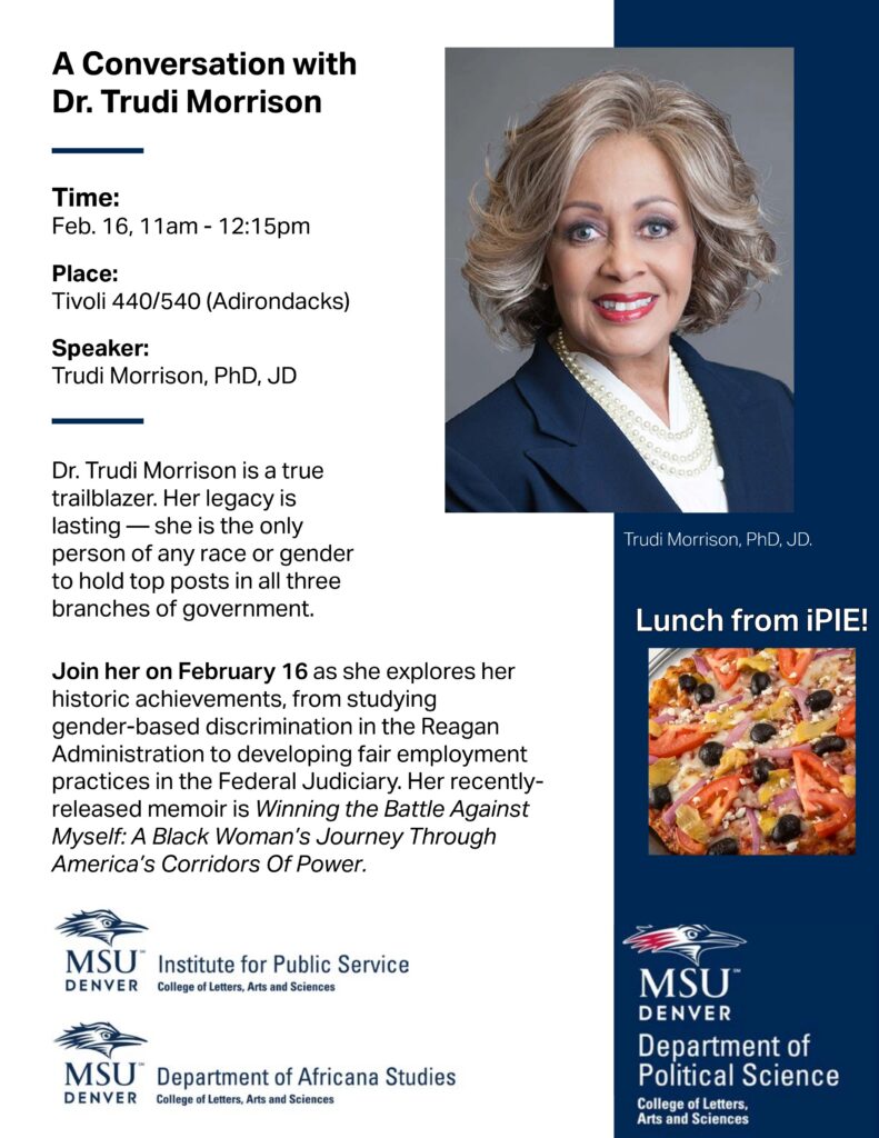 Dr. Trudi Morrison, wearing a white blouse and blue blazer, is pictured above a description of her upcoming conversation on campus.