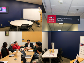 A collage of four photos featuring MSU Denver’s College of Business spaces: a private study area with a whiteboard, a 
