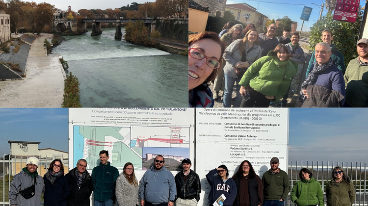 A photo collage of a Rome study abroad trip showing a scenic river view, a group selfie by a red restaurant sign, and the group posing at an industrial site wearing blue shoe covers.