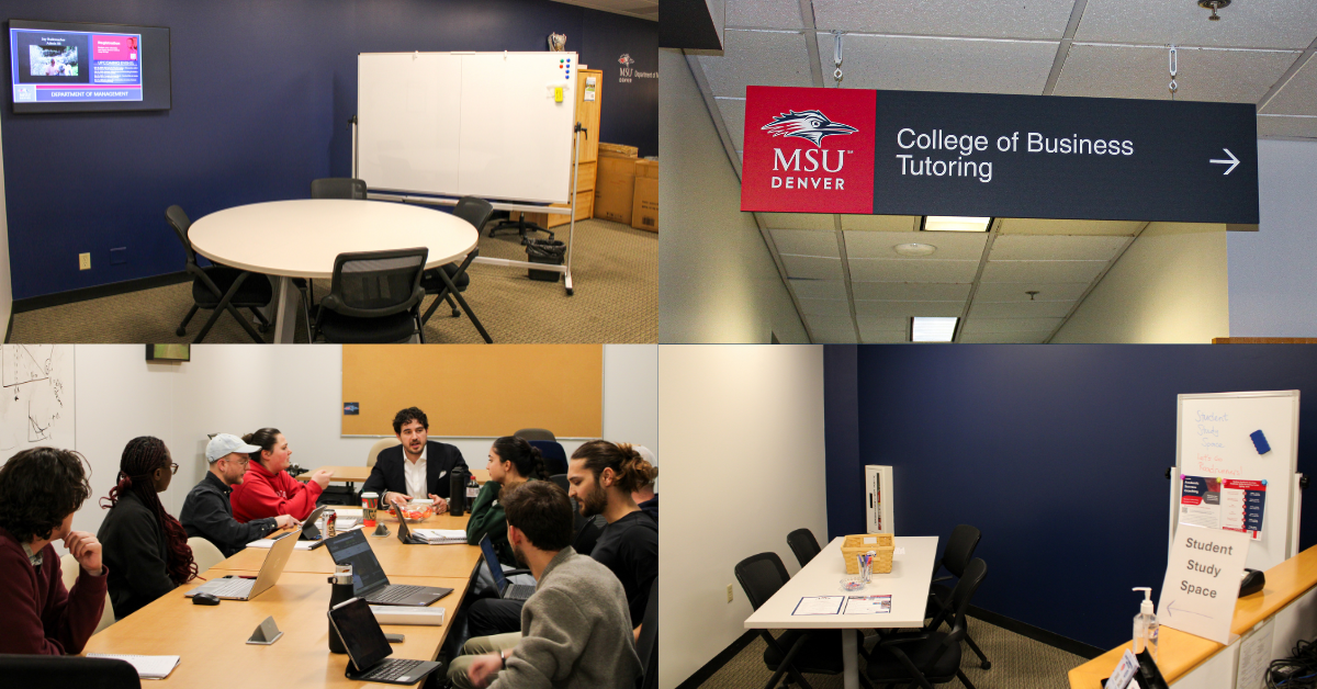 A collage of 4 photos of the new spaces on the 5th floor of the admin building in the College of Business