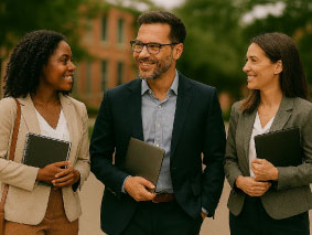 A group of three employees standing outdoors on a campus pathway, dressed in business attire and holding notebooks or laptops, engaged in conversation.