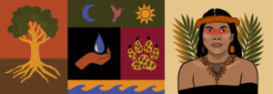 An illustration of author Nemonte Nenquimo, with illustrations of a tree, water, and a jaguar footprint.