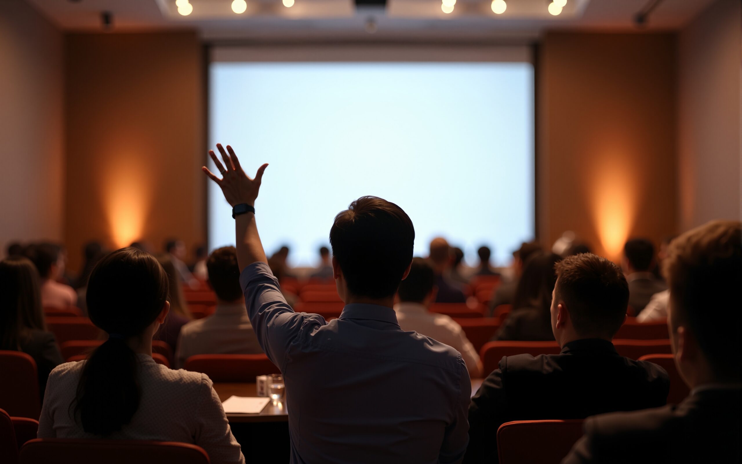 Audience view of a blank presentation screen. The room is full and the person in the middle of the frame has their hand raised.