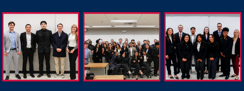 A collage containing three photos of PSE members at an MSU Denver initiation event: a group of five, a large candid group shot, and a formal portrait of nine members.
