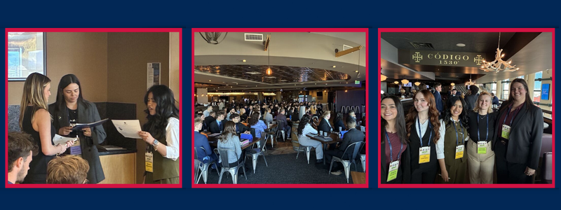 A collage of Groups of people gathered at a networking event and seated at tables during a large conference session.