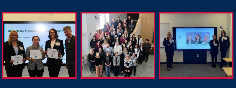 A professional photo collage featuring the MSU Denver student team at the 2026 Rocky Mountain HR Case Competition. The images show the three-woman team presenting their 