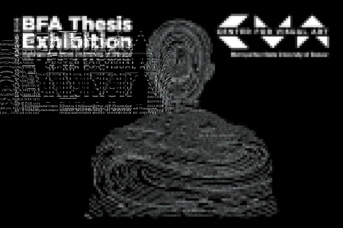 Graphic image of the thesis exhibition and CVA logos in black and white with a human torso drawn from squiggling lines of text that resemble a fingerprint.