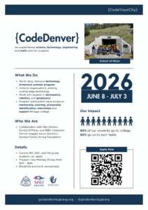 Flyer for “{CodeDenver},” an experimental STEM summer program. It highlights a month-long technology immersion (June 8–July 3, 2026) featuring visits to tech organizations, hands-on work with experts in aeronautics, robotics, and geophysics, and access to mentorship, tutoring, internships, and scholarships. The program is open to current 9th–11th grade students, runs Monday–Friday from 9am–3pm, and provides breakfast and lunch. Partners include MSU Denver, Colorado School of Mines, and the Gordon Family Giving Foundation; the flyer notes that 93% of students go to college and 65% enter tech fields, and includes a QR code to apply.