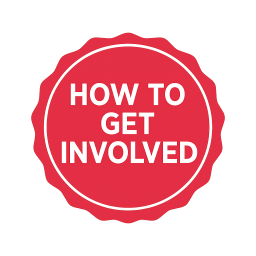 Red flair‑style button with the words ‘Get Involved’ in white text