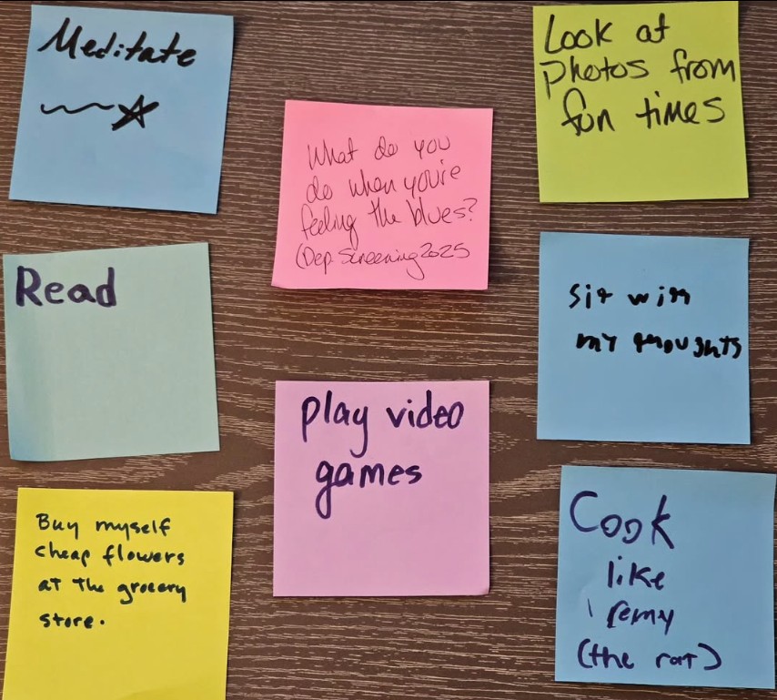 Instagram Post Sharing what folks do when they feel the blues. Answers include Meditate, look at photos from fun times, read, play video games, and 