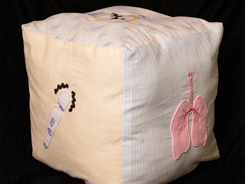 A cube shaped fabric pillow with stitched objects on the faces of the cube include pink lungs and a pregnancy test.