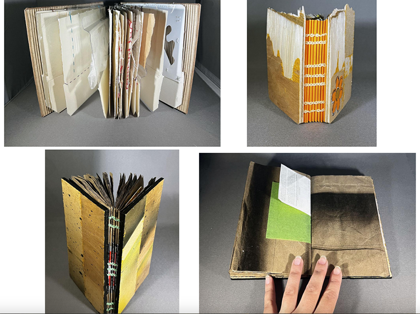 Four panels showing different angles of the hand-made book of varied materials.