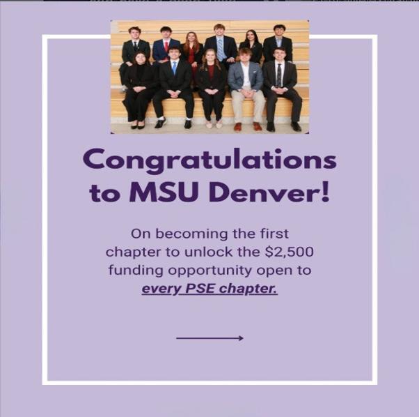 A graphic congratulating the MSU Denver Pi Sigma Epsilon chapter for being the first to unlock a $2,500 national funding opportunity, featuring a photo of the members seated on bleachers.