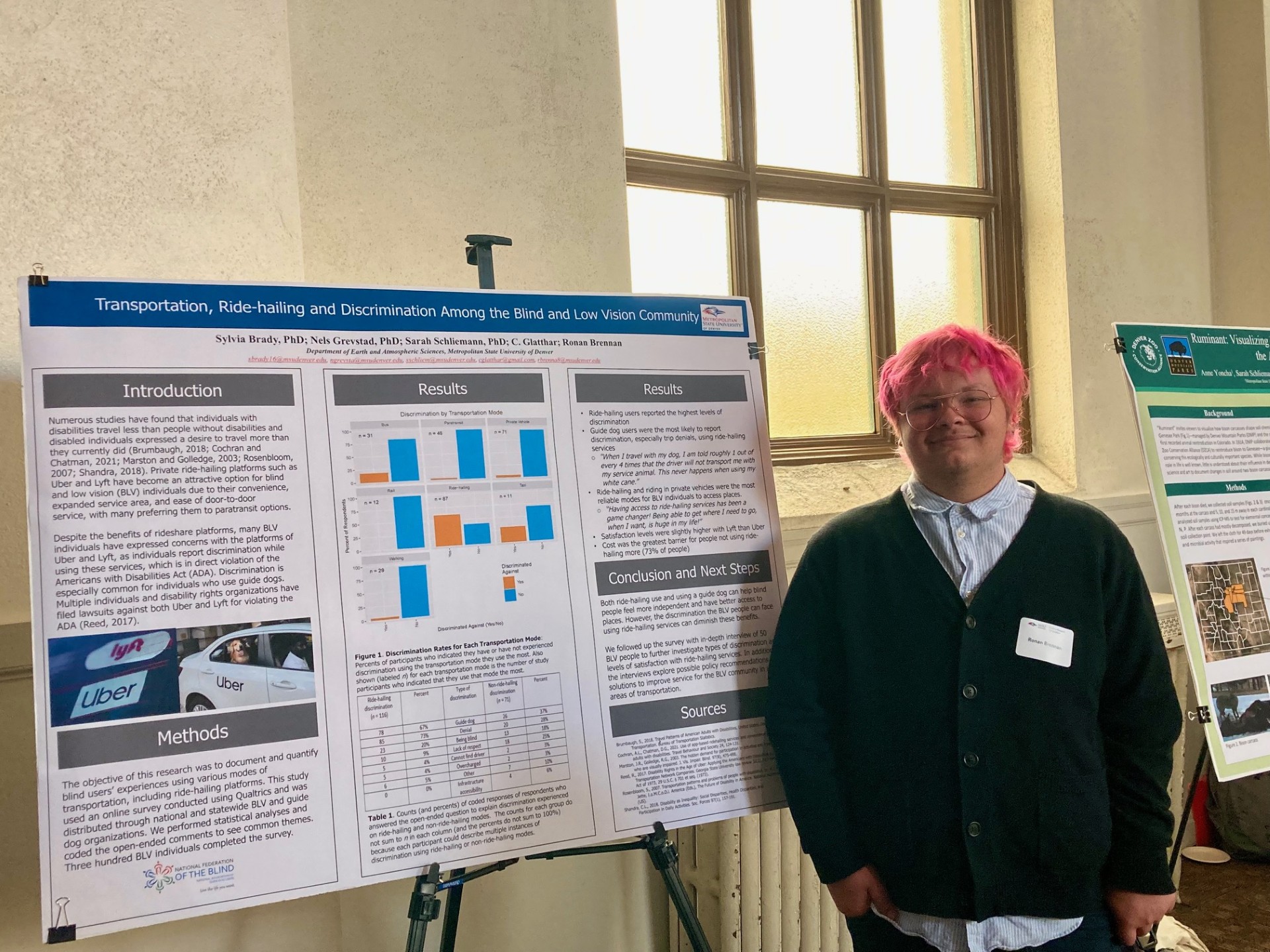 A student with pink hair and glasses presenting a poster on 