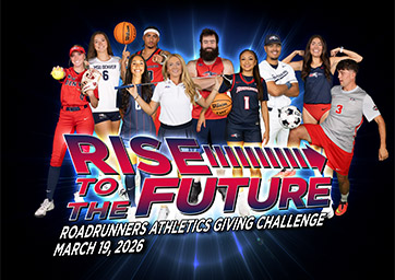 Rise to the Future Roadrunners Athletics Giving Challenge graphic. March 19, 2026. MSU Denver student athletes pictured behind the text.