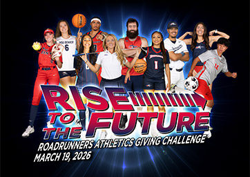 Rise to the Future Roadrunners Athletics Giving Challenge graphic. March 19, 2026. MSU Denver student athletes pictured behind the text.