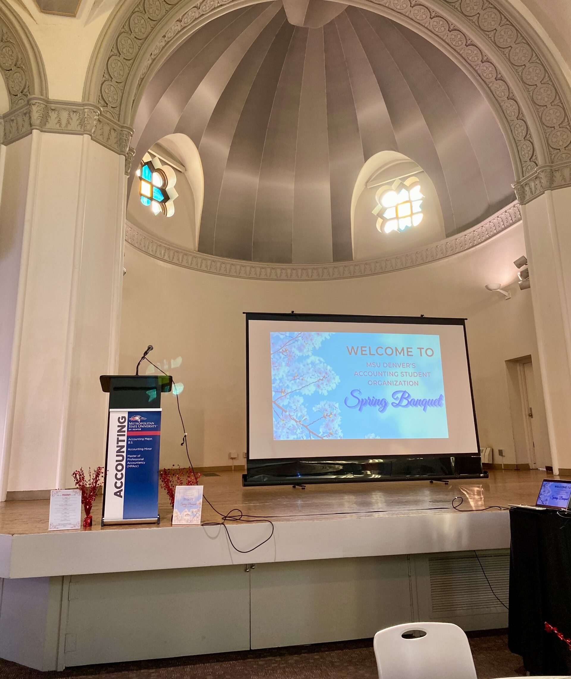 ASO Spring '26 Banquet decorated stage in St. Cajetan's