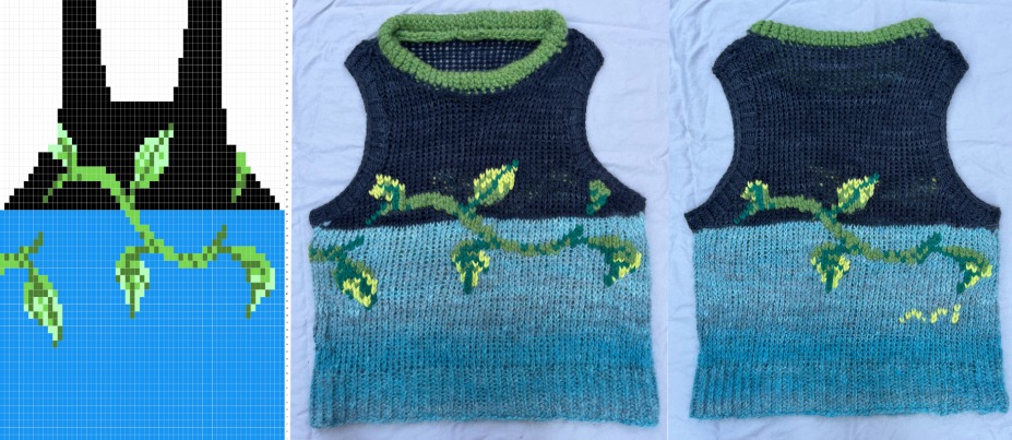 Three side by side images of a knitted vest. The first image is a digital rendering of the vest and the other two show the front and back of the actual vest. The top half of the vest is blue, the bottom half is black, and a green, leafy vine meanders across the two halves of the vest, circling from front to back.