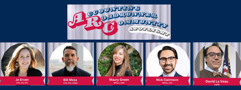 A graphic with multiple headshots and text that says "Accounting Roadrunner Community Spotlight"