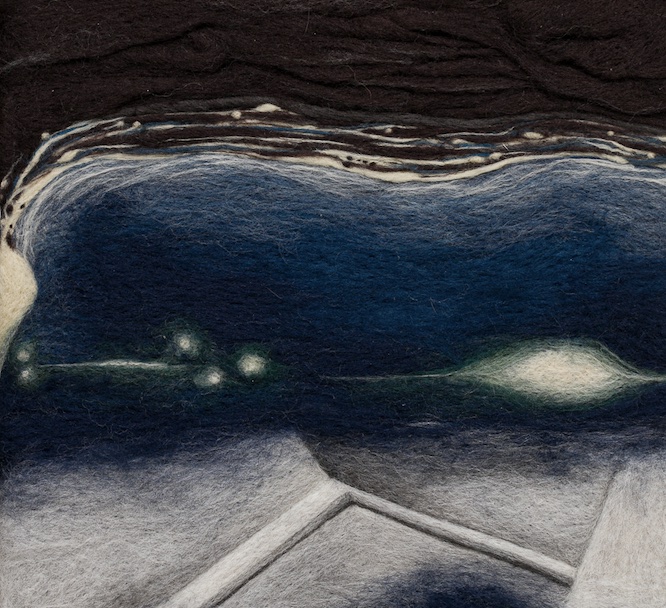 Abstract felt artwork with dark swirling browns, blue waves, and geometric gray shapes.