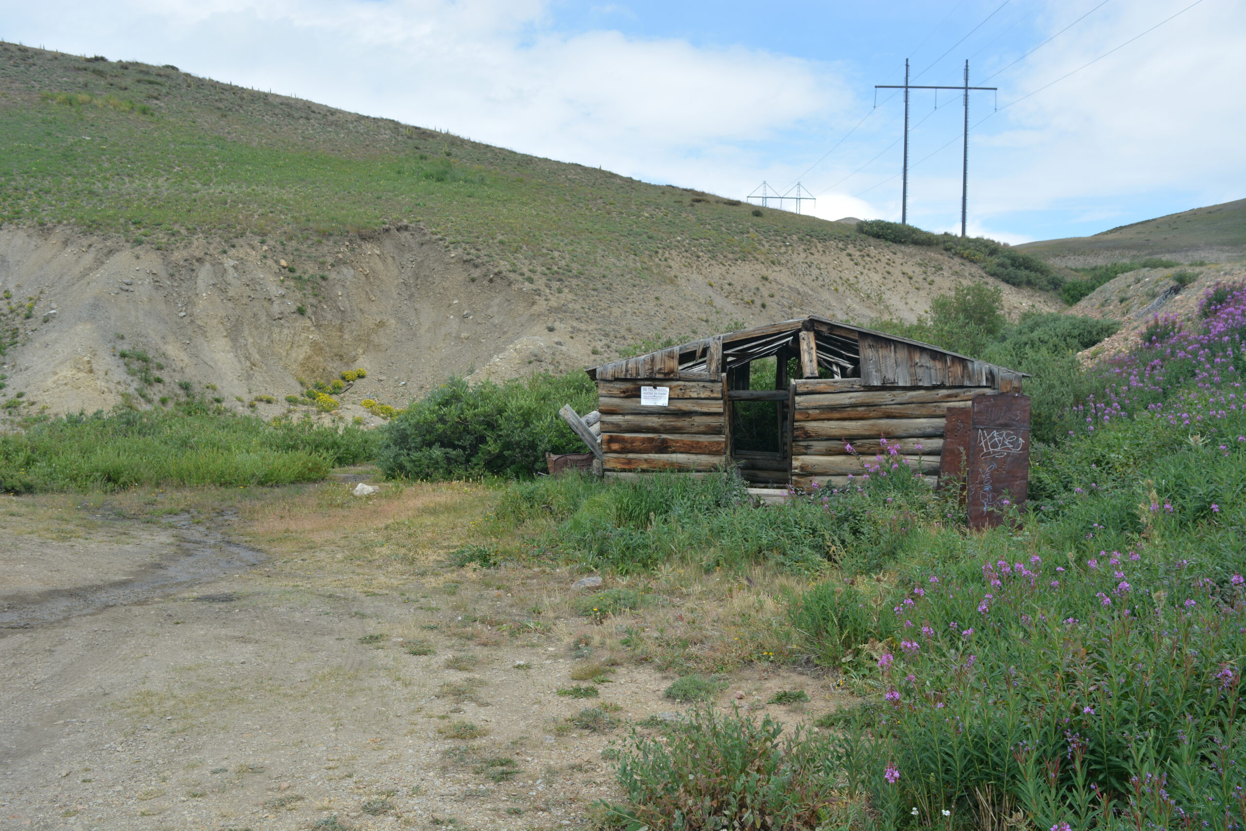 Broken down log cabin tucked in green hills