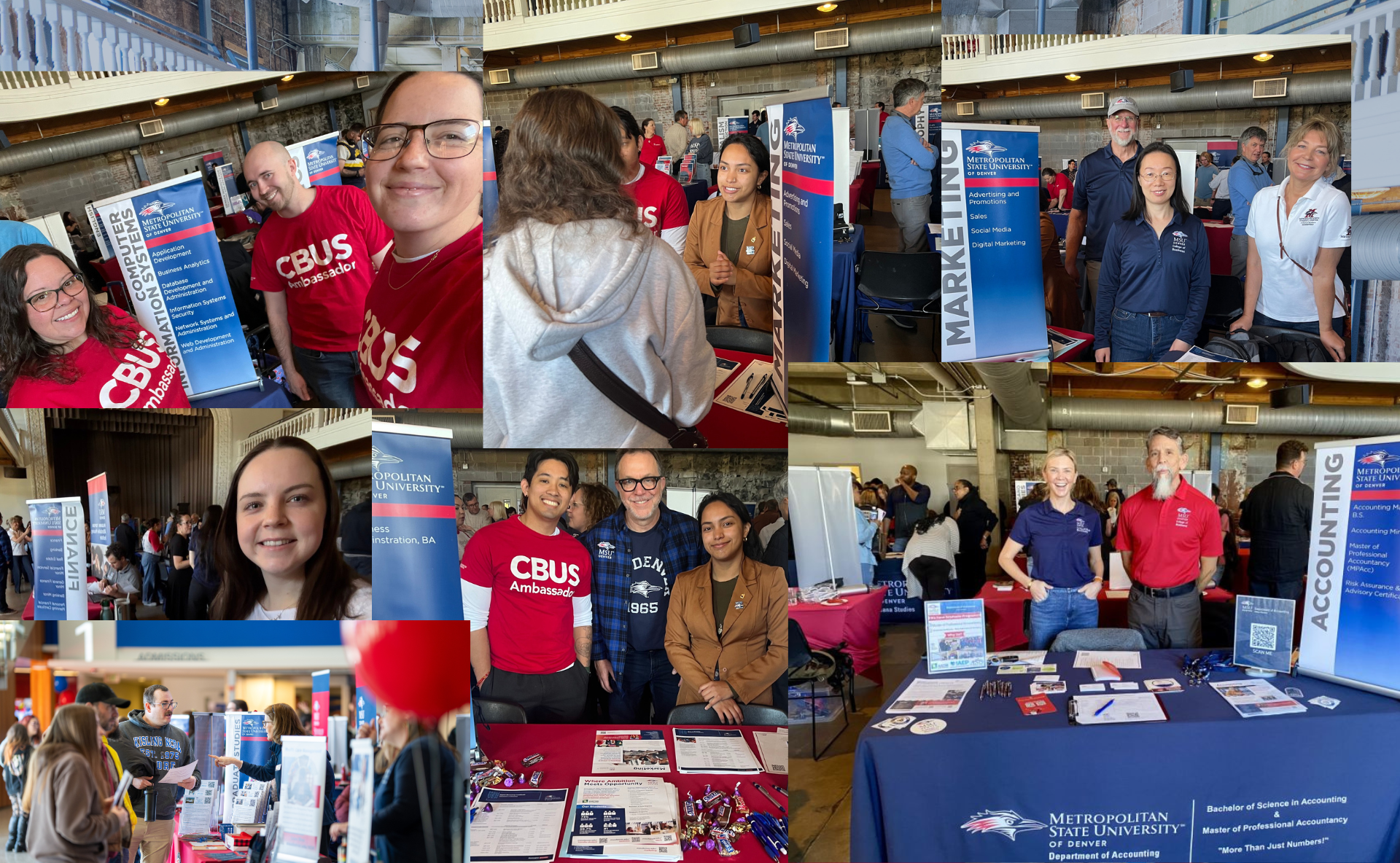 A collage of photos of College of Business Faculty and Ambassadors at MSU Denvers Open House