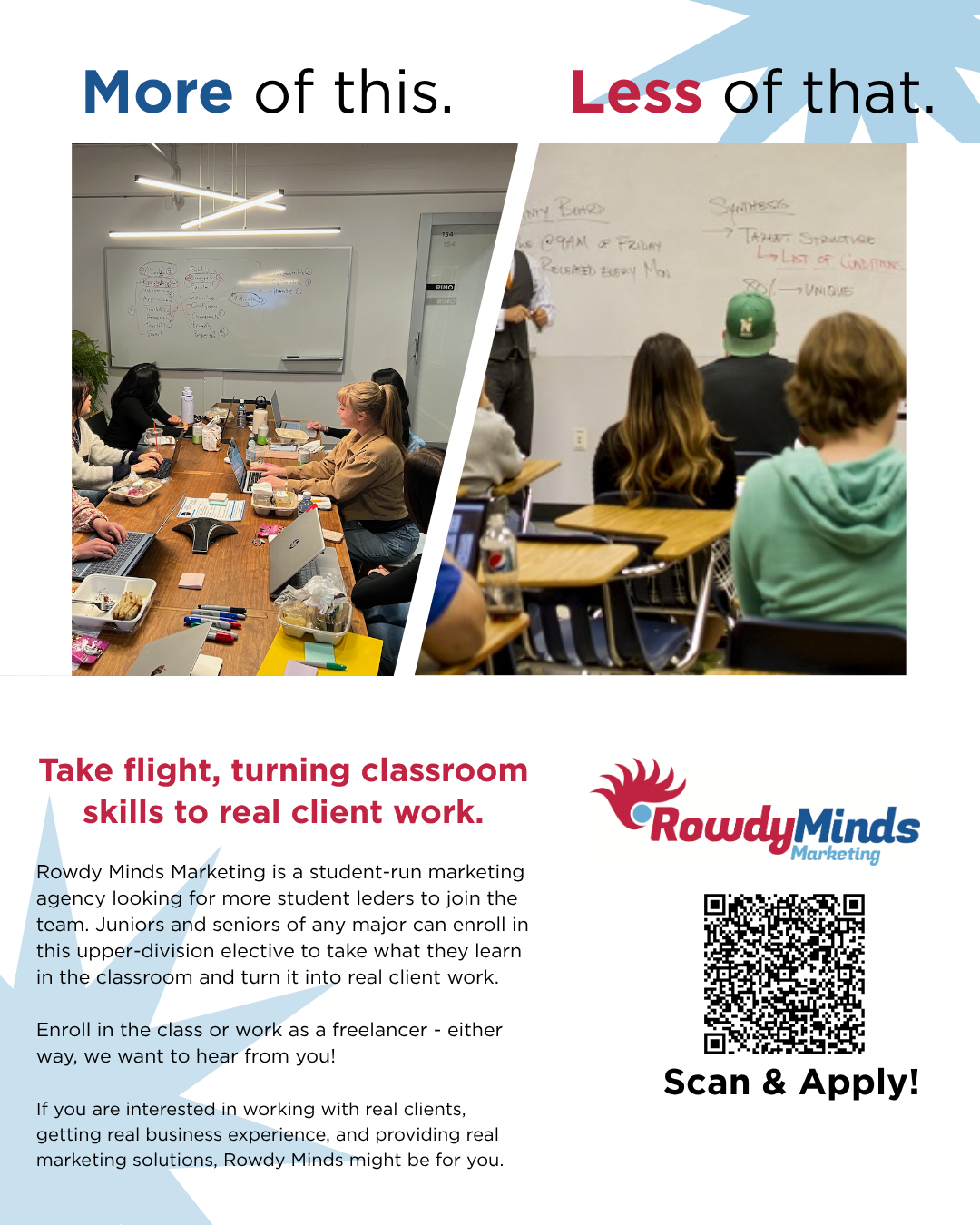 A flyer promoting recruitment for Rowdy Minds Marketing Agency