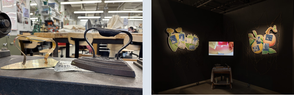 1. Process of forging brass metal to create a tortilla press 2. Photo of 3 item gallery exhibit: On the left,