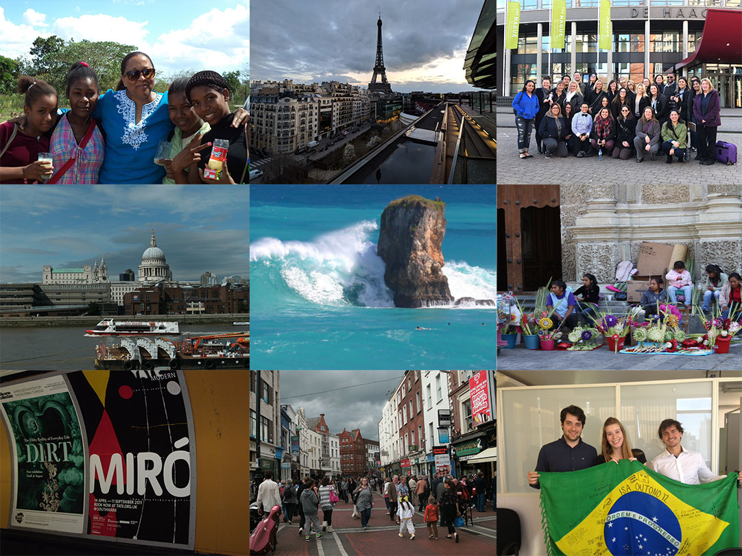 A composite image of mutliple study abroad trips with students and faculty.