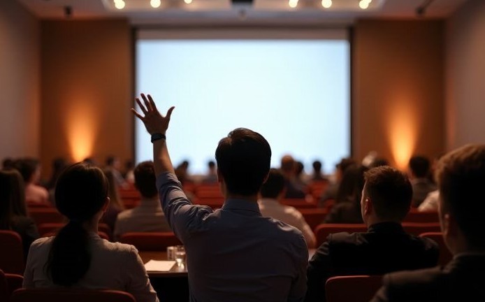 Folks are seated in a room facing forward towards a screen. A person in the middle is raising their hand.