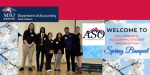 Spring 2026 ASO Banquet recap image - ASO officers with faculty advisor standing on stage with Department of Accounting logo and ASO logos on top of spring floral background image