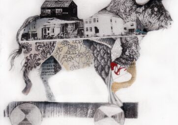 A print of a bull made of collaged images, a school building on it's back, and a flat, wheeled cart under it's hooves.