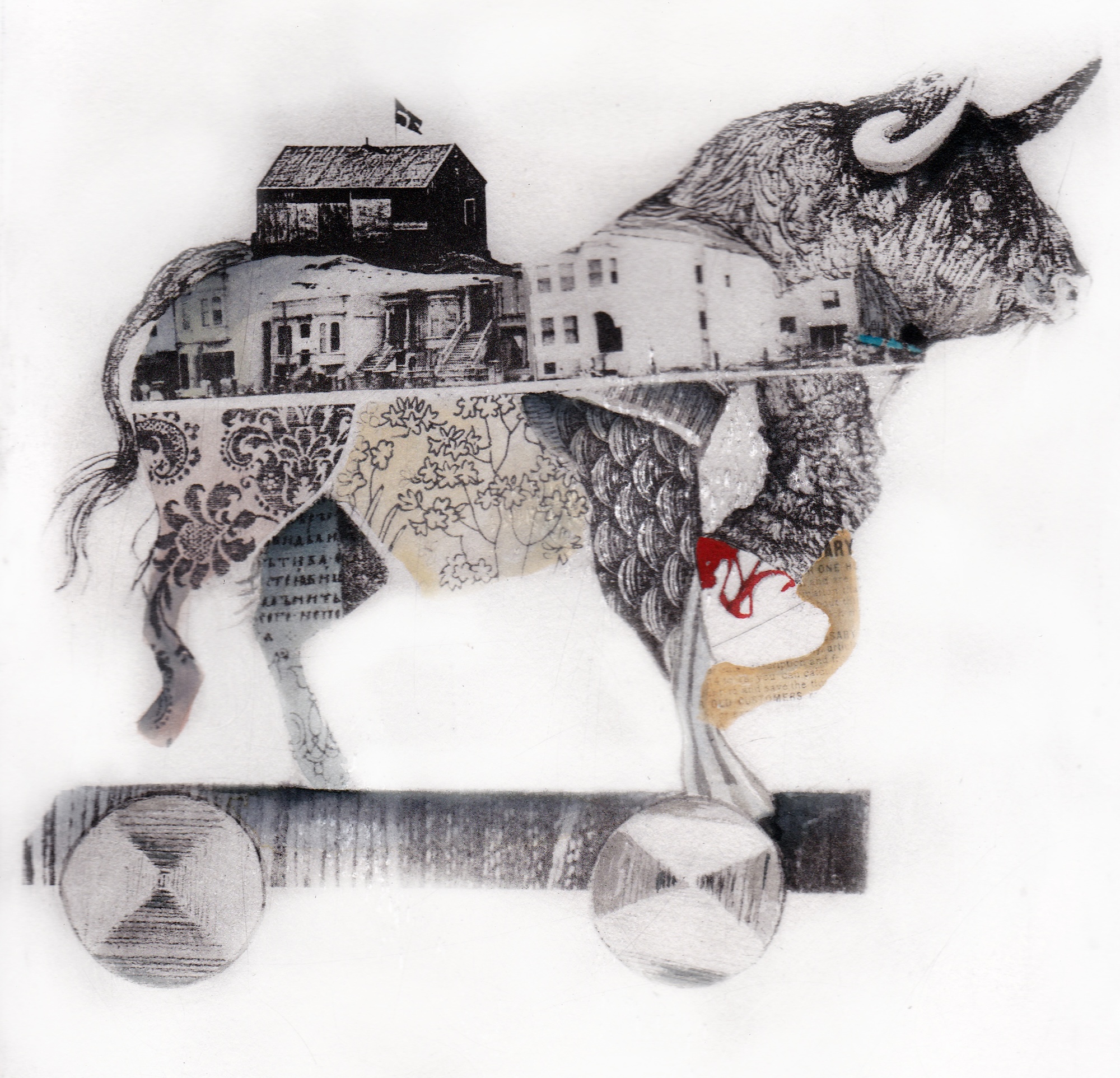 A print of a bull made of collaged images, a school building on it's back, and a flat, wheeled cart under it's hooves.
