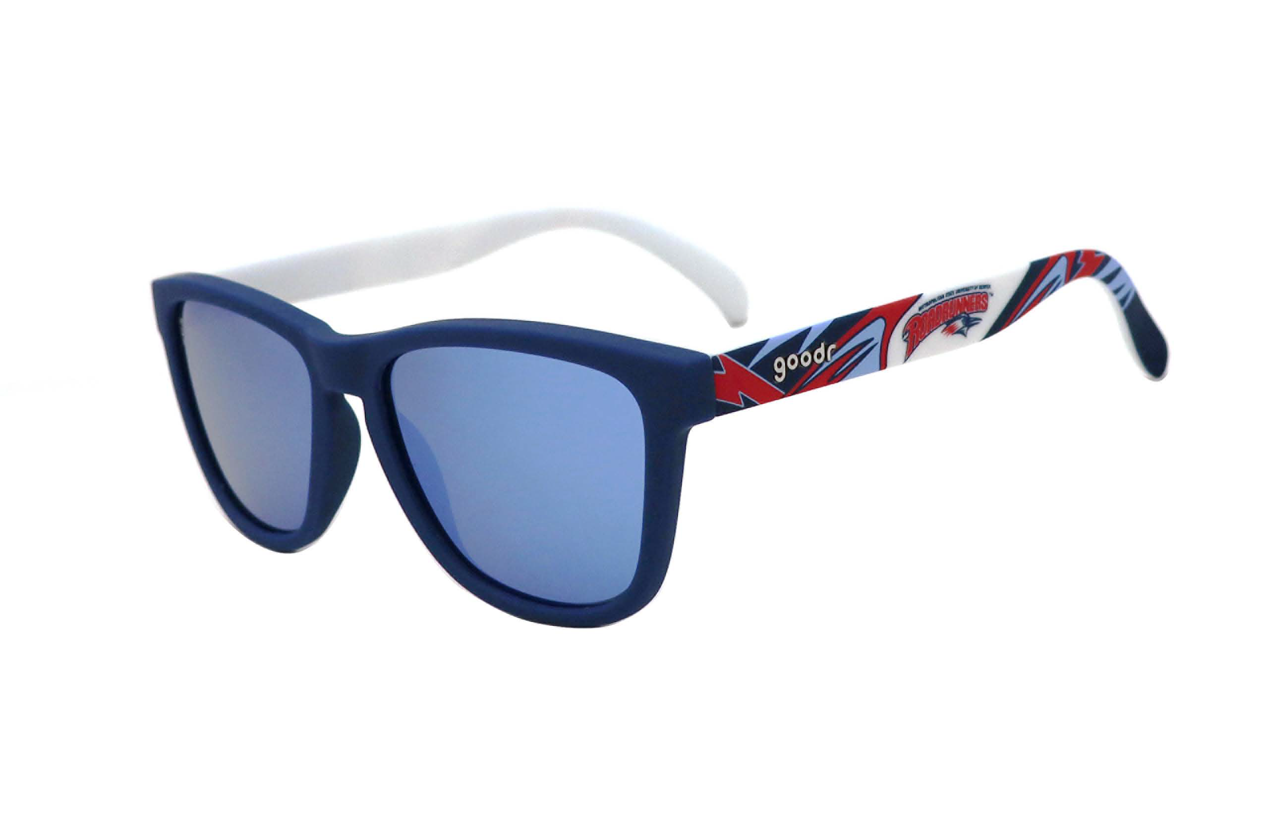 red and blue goodr brand sunglasses