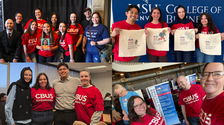 Collage of CBUS Student Ambassadors at a campus event, smiling together, wearing red CBUS shirts, and showcasing decorated tote bags.