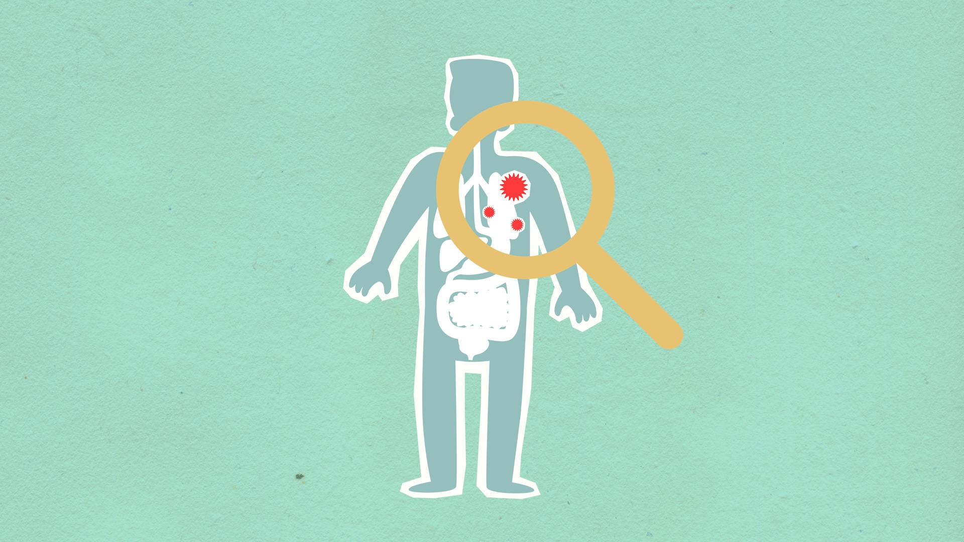 Illustration of human body and disease interaction with a yellow magnifier.