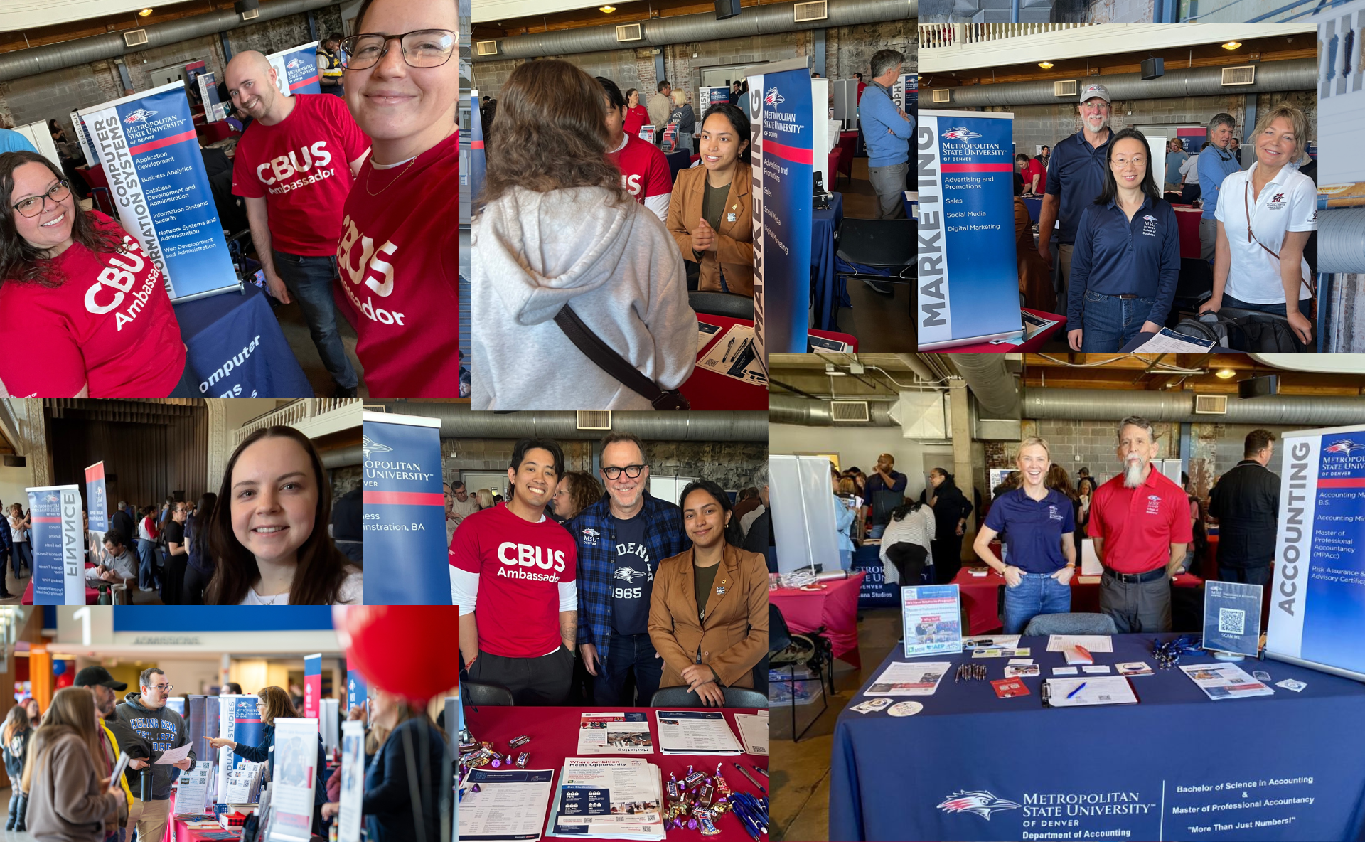 A collage of photos featuring Metropolitan State University of Denver students and staff at a College of Business event. People are seen posing in front of departmental banners for Marketing, Accounting, and Computer Information Systems, while student ambassadors in red 