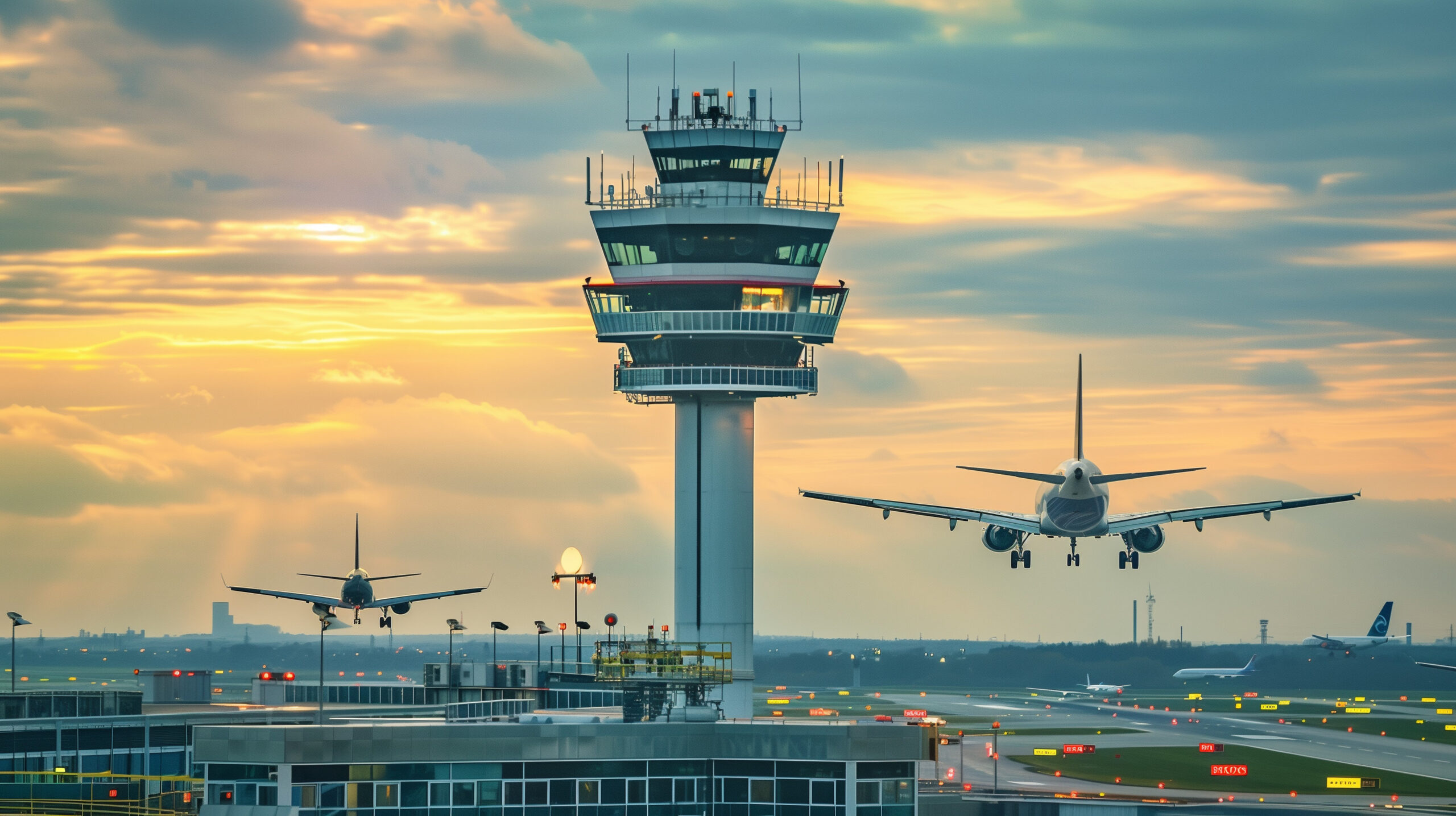 A control tower with planes flying on each side during sunset.