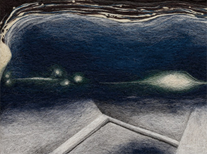 Abstract felt artwork with dark swirling browns, blue waves, and geometric gray shapes.
