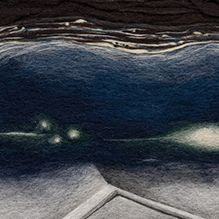 Abstract felt artwork with dark swirling browns, blue waves, and geometric gray shapes.