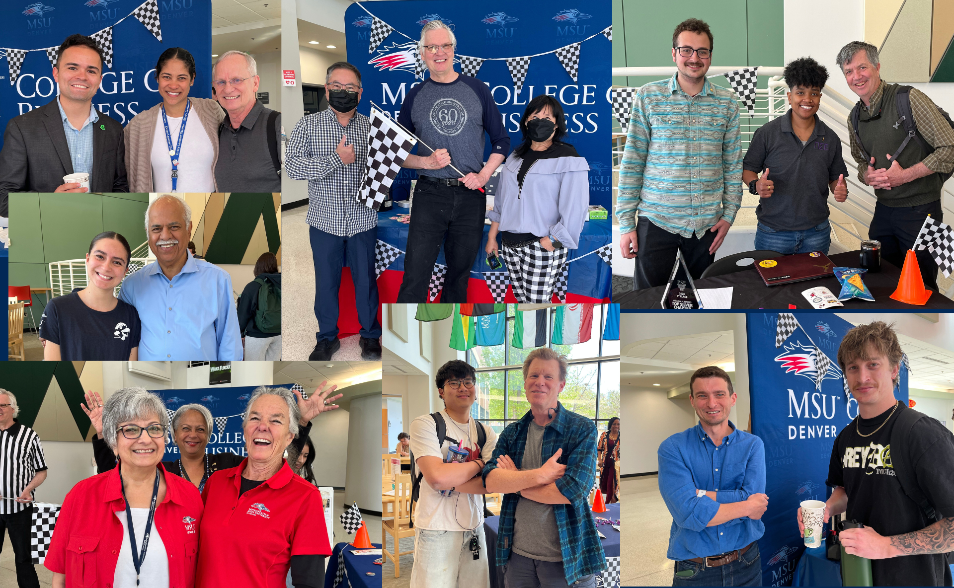 A collage of several photos showing diverse groups of faculty, staff, and students smiling and posing at an MSU Denver College of Business event. The setting includes racing-themed decorations like checkered flags and banners.