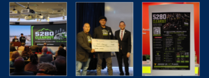 A three-panel collage. Left: Two students pitch in front of a large screen displaying the "5280 Clearout" logo. Center: Three men stand together holding a giant check for $500 awarded to 5280 Clearout for "Poster Winner." Right: A professional, dark-themed poster board with neon green accents detailing junk removal services and business models.