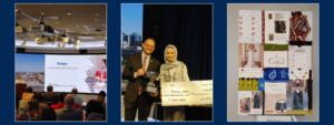 A three-panel collage. Left: A student in a hijab pitches "Gulya" with a slide titled "where culture meets modern style." Center: A man and a woman hold a large silver trophy and a giant check for $2,000 awarded to Medina Ameri for 1st place. Right: A tactile poster board for "Gulya" featuring fashion photos, fabric samples, and embroidery examples.