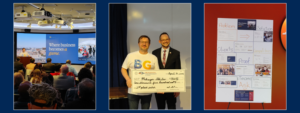 A three-panel collage showing a business competition. Left: A student pitches on stage with a screen reading "Where business becomes a game." Center: Two men hold a giant check for $1,500 awarded to Mahsyar Shkilov for 2nd place. Right: A physical poster board titled "BG" with sections for Problem, Solution, Clients, and Competitors.