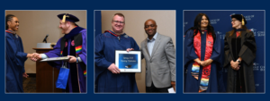 A three-panel collage from the Spring 2026 Hooding Celebration. The left panel shows a graduate shaking hands with a faculty member at a podium; the middle panel shows a graduate holding a framed "Spring 2026 Hooding Celebration" certificate next to a presenter; the right panel shows a graduate in a blue gown and patterned stole posing next to a faculty member.