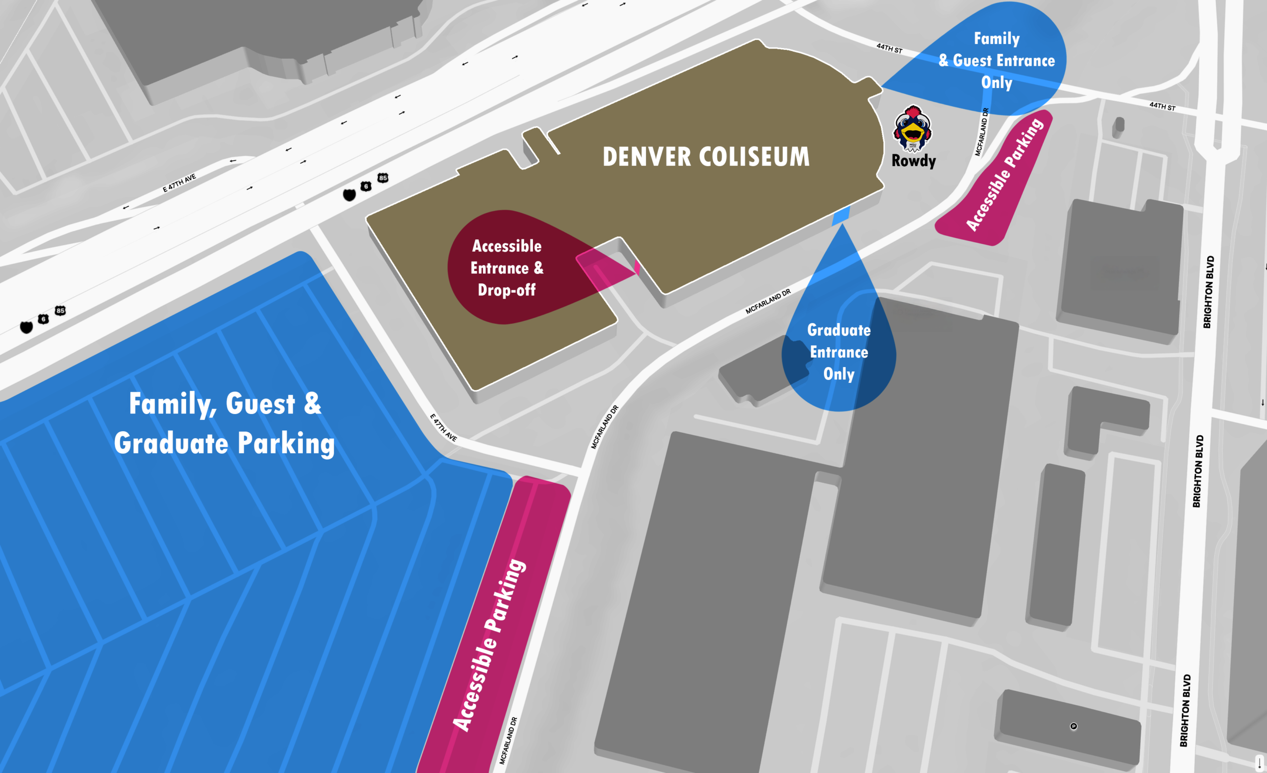 Parking Layout for the Spring 2026 Commencement Ceremony at the Denver Coliseum