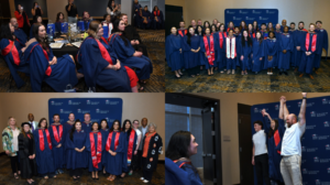 A four-panel collage showing graduates and faculty at the MSU Denver College of Business MBA and MPAcc hooding celebration. Panels include graduates sitting at a banquet table, a large group photo of graduates in blue gowns and red stoles, a group photo of graduates alongside faculty, and an individual cheering with arms raised in celebration.