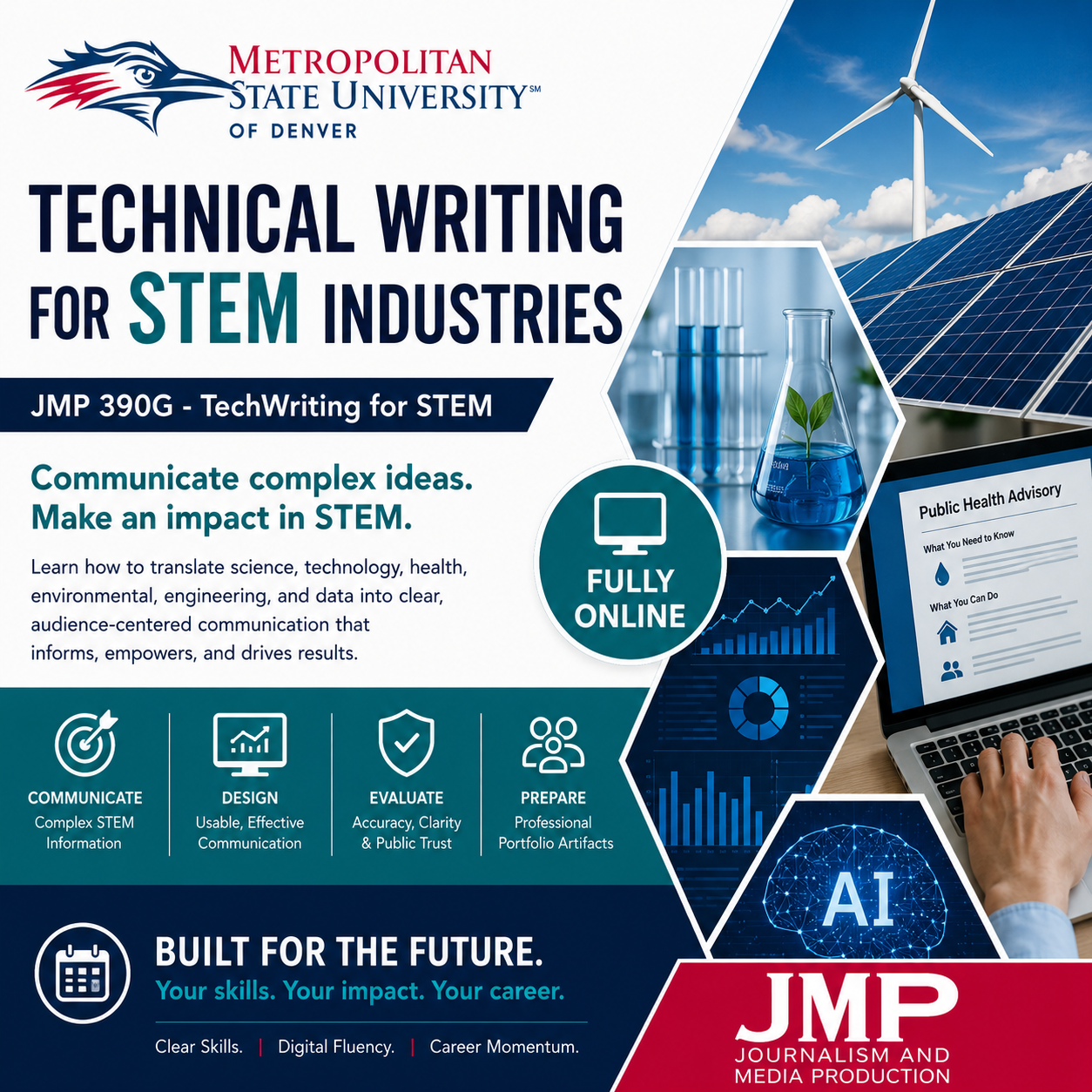 Graphic promoting “Technical Writing for STEM Industries (JMP 390G).” Blue and white design with “Fully Online” badge, STEM images (wind turbine, solar panels, lab glassware, charts, AI, laptop), and text highlighting communication skills and career preparation in STEM.