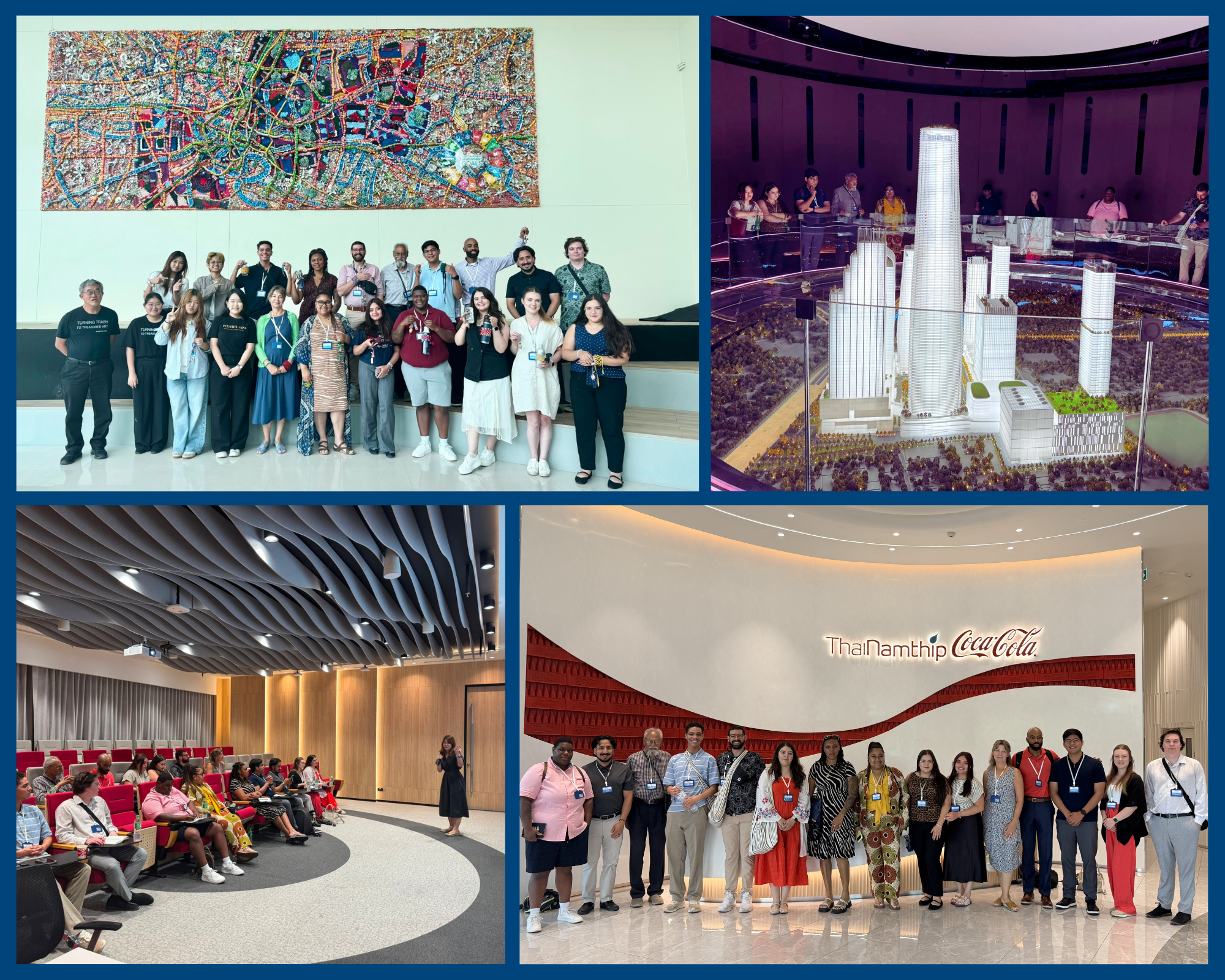 A photo collage containing four separate images of Metropolitan State University of Denver business students on a study abroad trip. The top-left image shows a group posing in front of a colorful, large-scale abstract artwork on a wall. The top-right image captures the group looking down at a detailed architectural scale model of a modern high-rise cityscape. The bottom-left image shows a presentation taking place inside a lecture hall with a wavy modern ceiling, where students are seated in red chairs. The bottom-right image shows the student delegation posing in front of a white wall featuring a red wave graphic and the logo for 