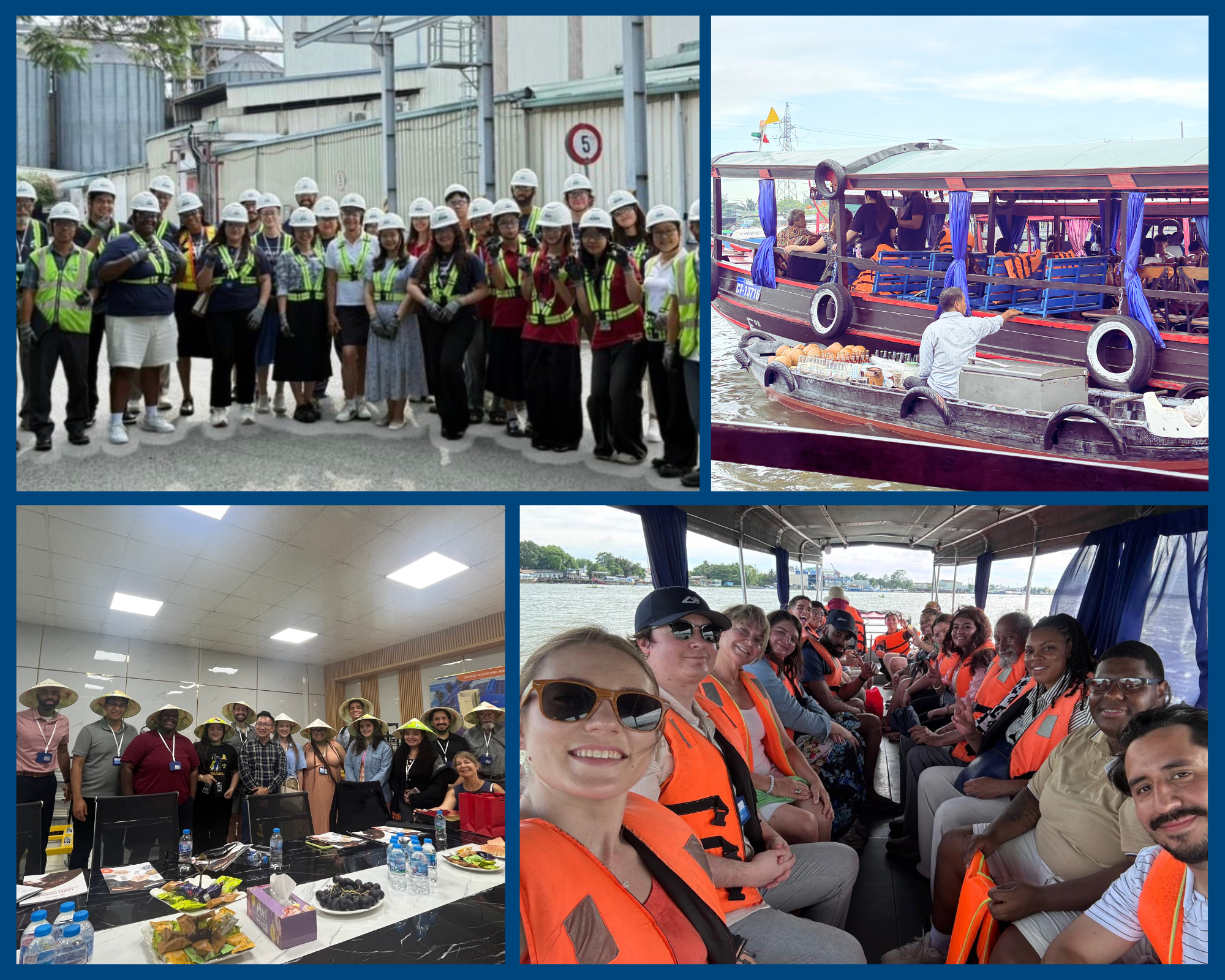 A photo collage containing four images of MSU Denver business students during their study abroad program in Southeast Asia. The top-left image features a large group wearing white hard hats and neon safety vests during an industrial facility tour. The top-right image shows a traditional longboat docked on a river with a vendor setting up refreshments. The bottom-left image captures the students indoors, wearing traditional conical hats while gathered around a conference table. The bottom-right image is a wide selfie taken on a boat, showing the students smiling and wearing orange life jackets as they cruise down a river.